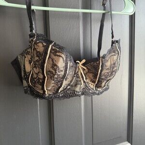 DKNY 34D Black Lace Balconette Plunge Sheer Floral Underwire Bra Lingerie